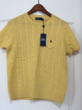 NEW Polo Ralph Lauren Wool-Cashmere Cable Knit Short Sleeve Sweater Yellow Large
